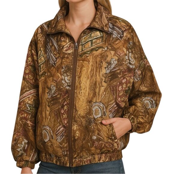 Jackets & Blazers - OutBrook Vintage Brown Silk Bomber Jacket with Abstract Design